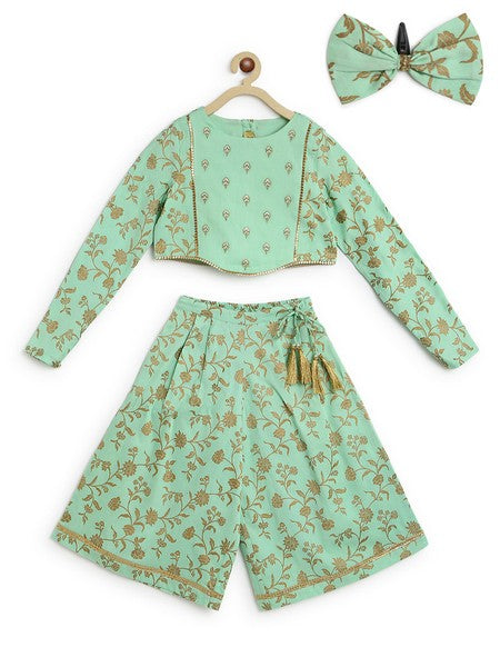Girls Combo Co-ord Set And Bow Hairclip Gold Print- Yellow
