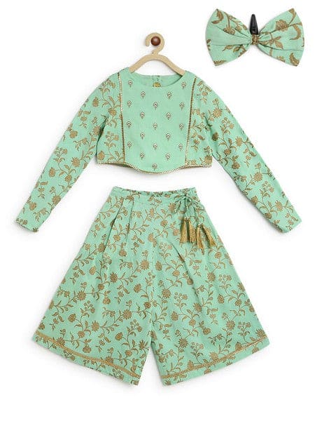 Girls Combo Co-ord Set And Bow Hairclip Gold Print- Yellow