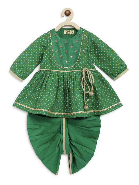 Baby Girl Bandhani Printed Angrakha Suit Set-Green