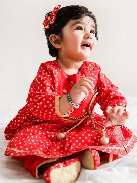 Baby Girl Bandhani Printed Angrakha Suit Set-Red