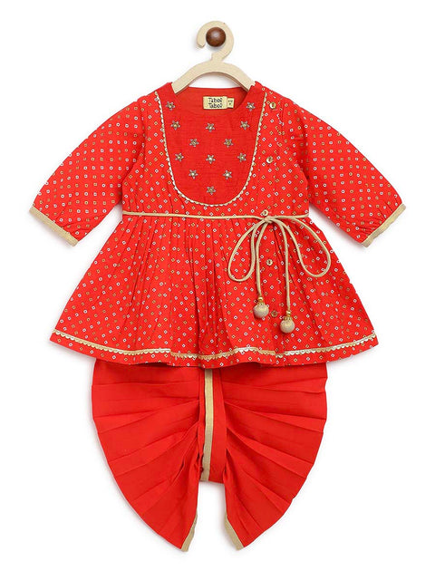 Baby Girl Bandhani Printed Angrakha Suit Set-Red