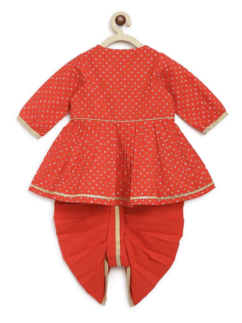 Baby Girl Bandhani Printed Angrakha Suit Set-Red