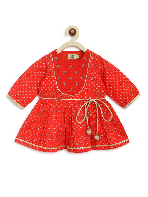 Baby Girl Bandhani Printed Angrakha Suit Set-Red