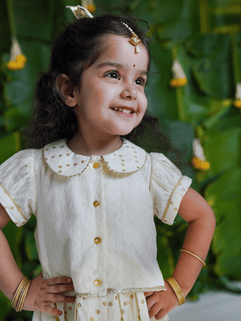 Baby Girl Bandhani Pattu Pavdai-Cream
