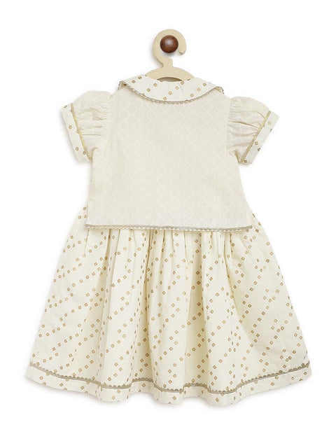 Baby Girl Bandhani Pattu Pavdai-Cream