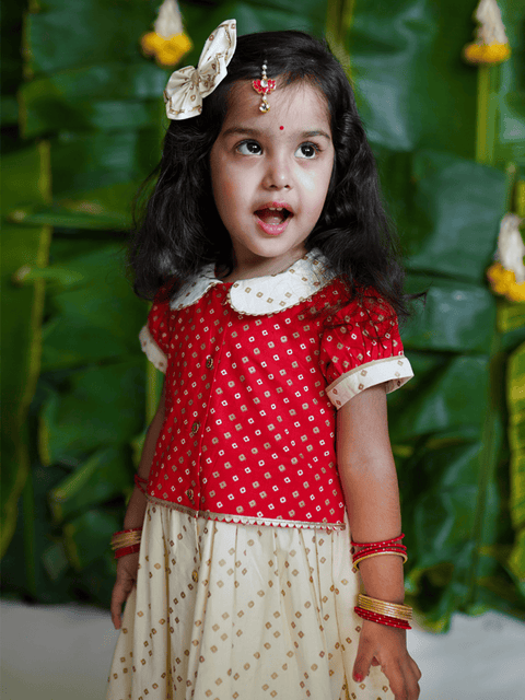 Baby Girl Bandhani Pattu Pavdai-Red
