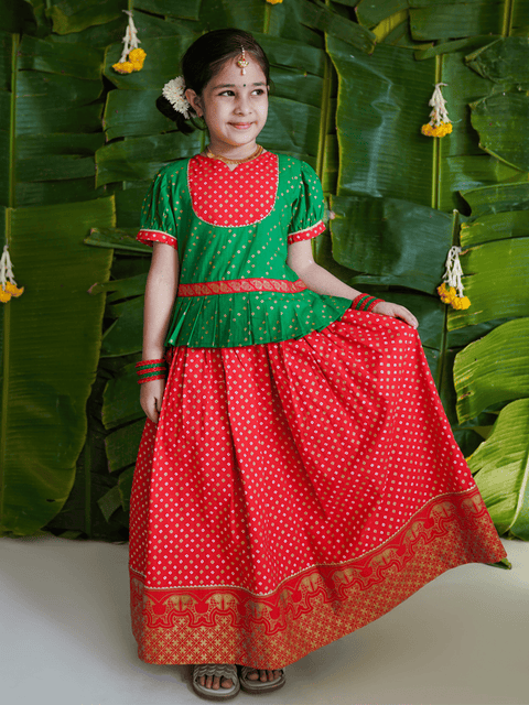 Girl Bandhani Pattu Pavdai-Green