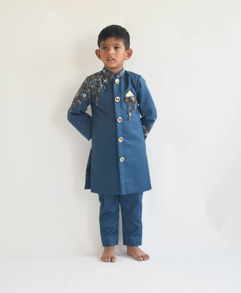 Pre Order: Teal Blue Embroidery Ajkan and Pant