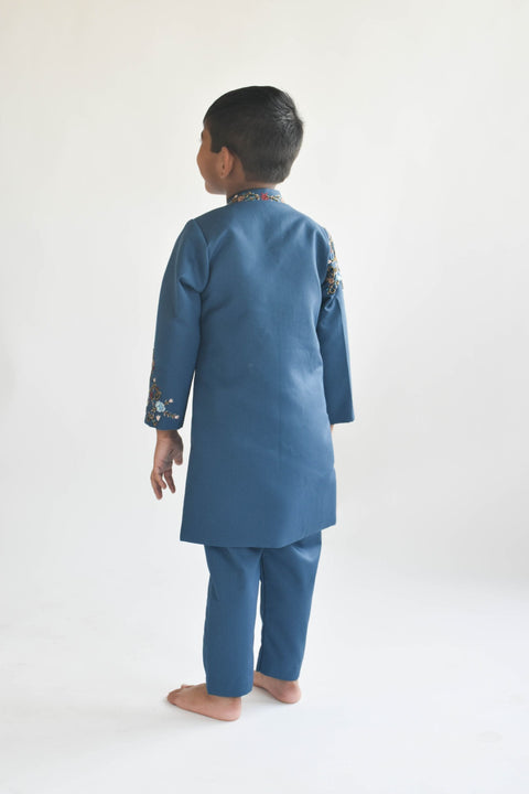 Pre Order: Teal Blue Embroidery Ajkan and Pant