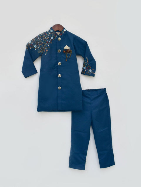 Pre Order: Teal Blue Embroidery Ajkan and Pant