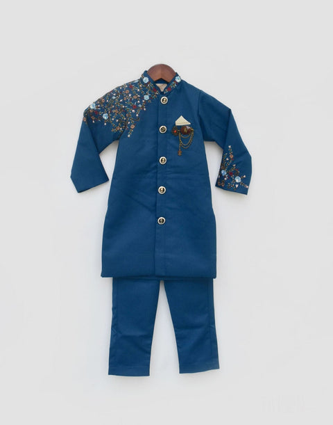 Pre Order: Teal Blue Embroidery Ajkan and Pant