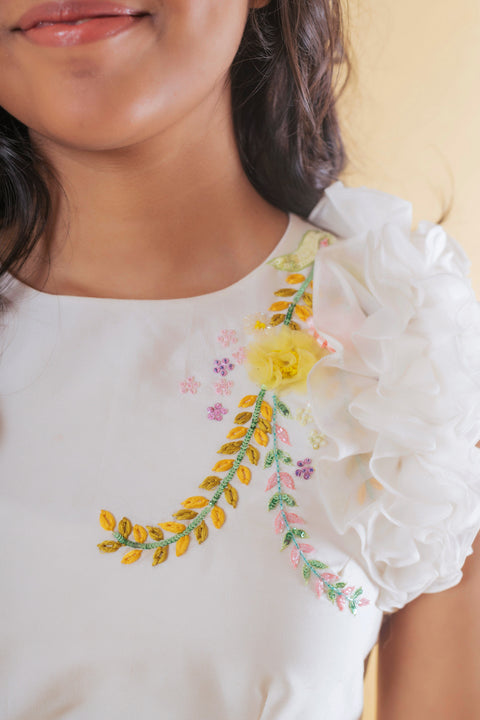 Pre-Order: White Floral Embroidered Centre Cut Dress
