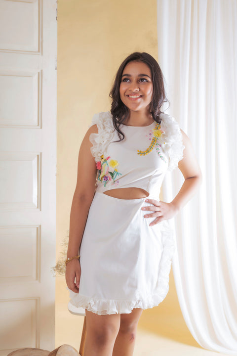 Pre-Order: White Floral Embroidered Centre Cut Dress