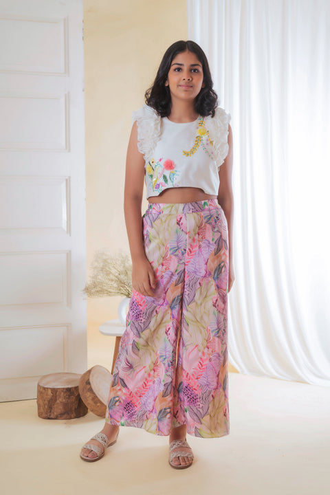 Pre-Order: White Floral Embroidered Top with Boho Printed Pant