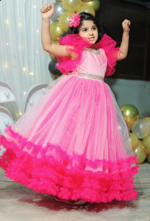 Pre-Order: Pink Multilared Gown with Pleated Yoke