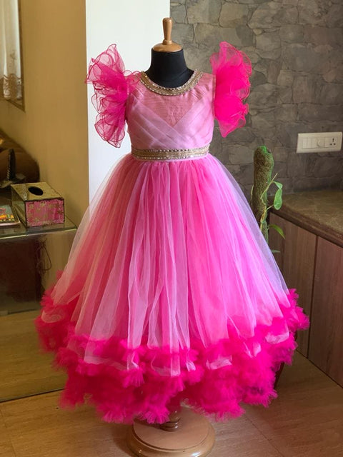 Pre-Order: Pink Multilared Gown with Pleated Yoke