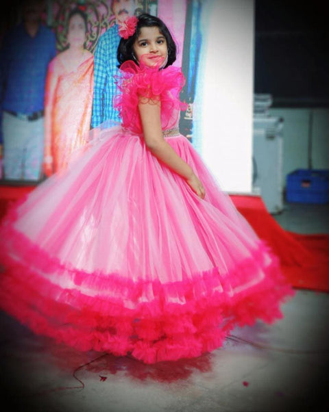 Pre-Order: Pink Multilared Gown with Pleated Yoke