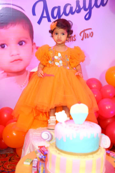 Pre-Order: Orange High Low Dress with Golden Butterflies