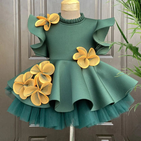 Pre-Order: Green Knee Length Dress with Yellow Flowers