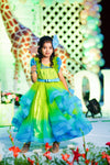 Pre-Order: Lime Green & Turquoise Blue Double Shaded Frilled Sleeve Partywear Gown