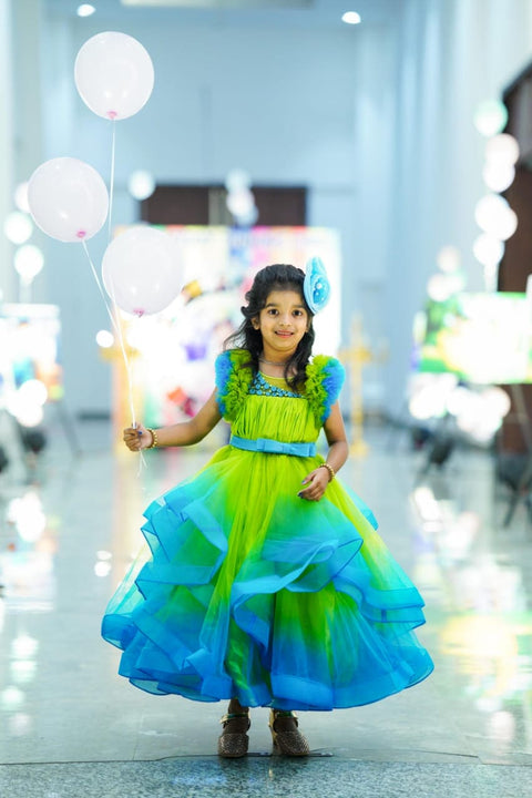 Pre-Order: Lime Green & Turquoise Blue Double Shaded Frilled Sleeve Partywear Gown