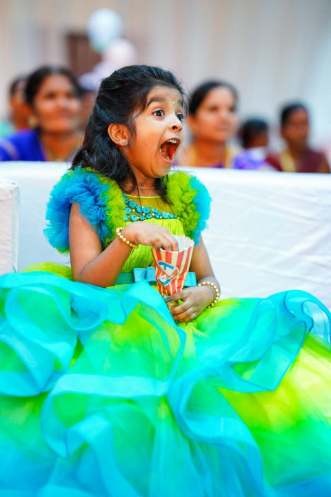 Pre-Order: Lime Green & Turquoise Blue Double Shaded Frilled Sleeve Partywear Gown