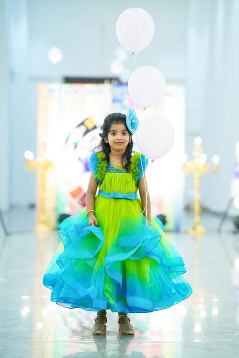 Pre-Order: Lime Green & Turquoise Blue Double Shaded Frilled Sleeve Partywear Gown
