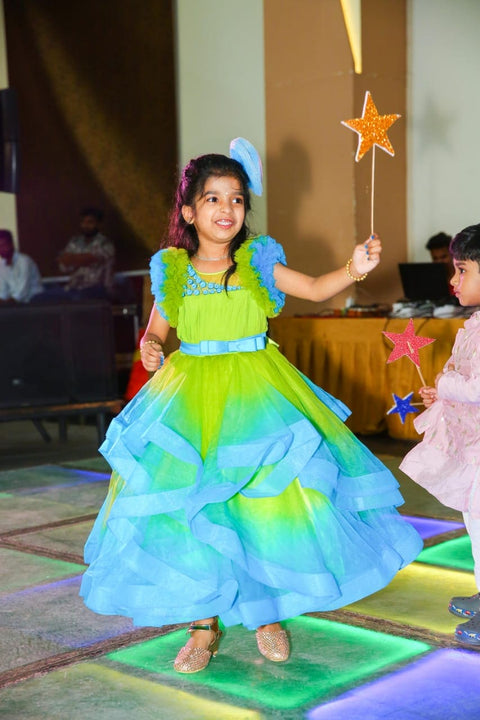 Pre-Order: Lime Green & Turquoise Blue Double Shaded Frilled Sleeve Partywear Gown