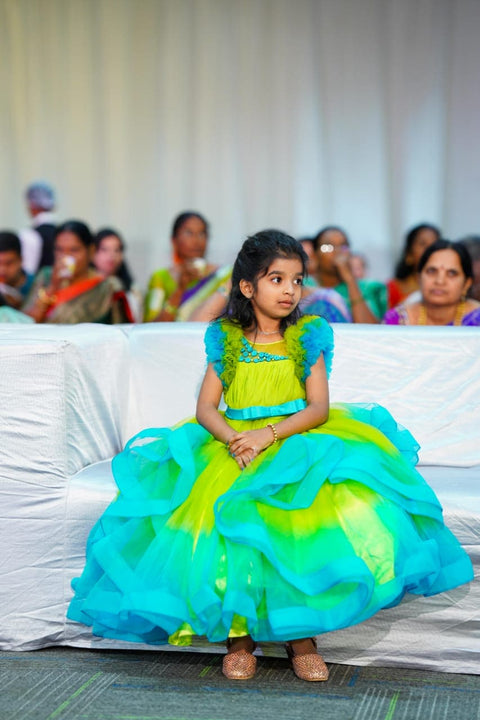 Pre-Order: Lime Green & Turquoise Blue Double Shaded Frilled Sleeve Partywear Gown