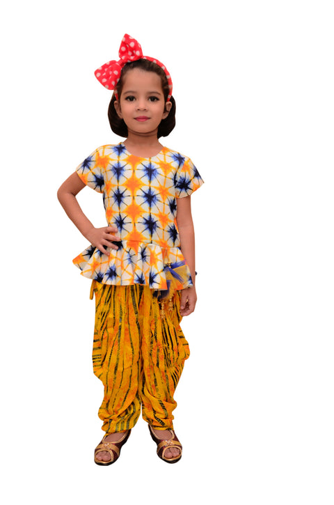 Pre-Order: White Printed Peplum Top with Yellow Tie and Die Dhoti
