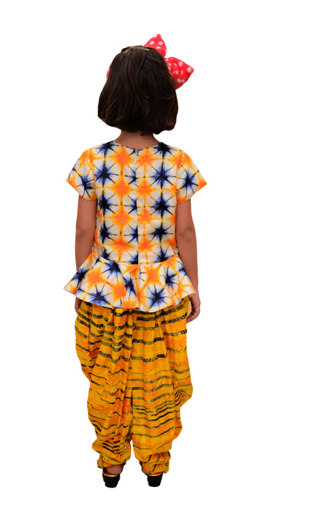 Pre-Order: White Printed Peplum Top with Yellow Tie and Die Dhoti