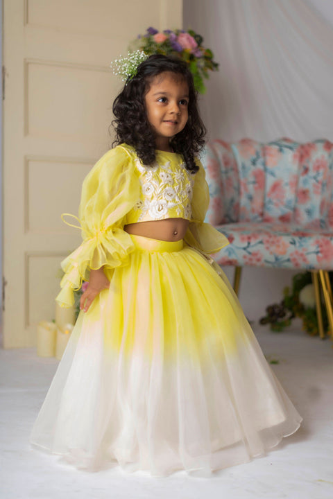 Pre-Order: Yellow White Floral Embroidery Ghagra Set