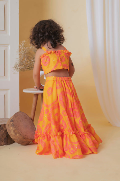 Pre-Order: Yellow Pink Bandhej Ghaghra Set