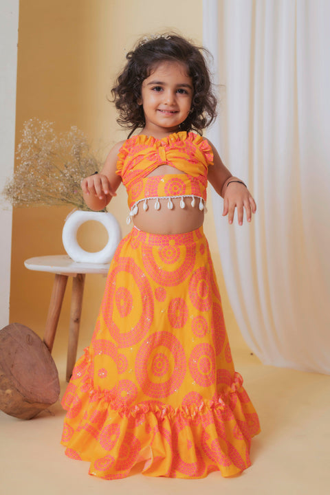 Pre-Order: Yellow Pink Bandhej Ghaghra Set