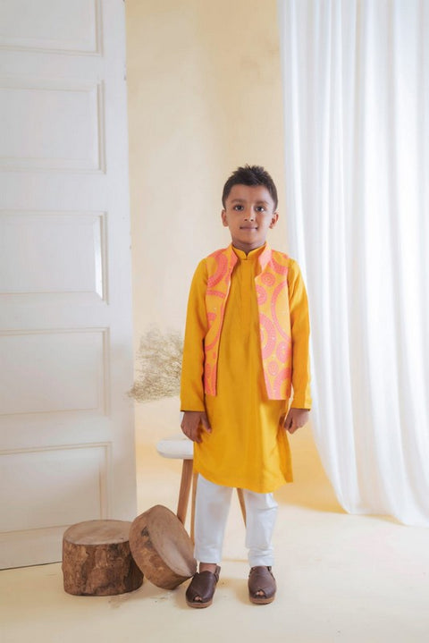 Pre-Order: Yellow Pink Bandhej Nehru with Kurta Set