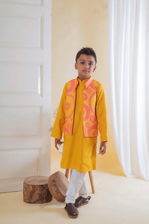 Pre-Order: Yellow Pink Bandhej Nehru with Kurta Set