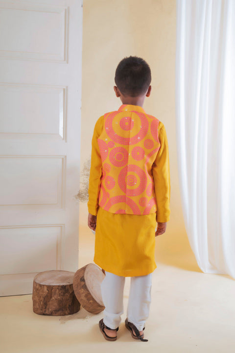 Pre-Order: Yellow Pink Bandhej Nehru with Kurta Set
