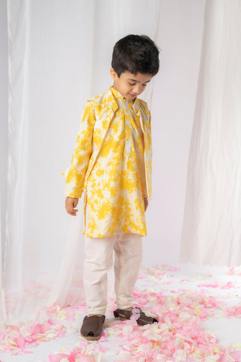Pre-Order: Yellow White Floral Kurta Nehru Jacket Set