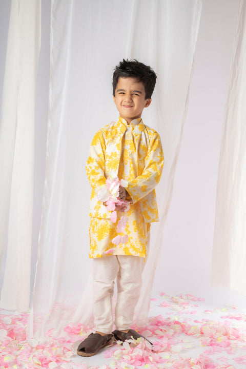 Pre-Order: Yellow White Floral Kurta Nehru Jacket Set