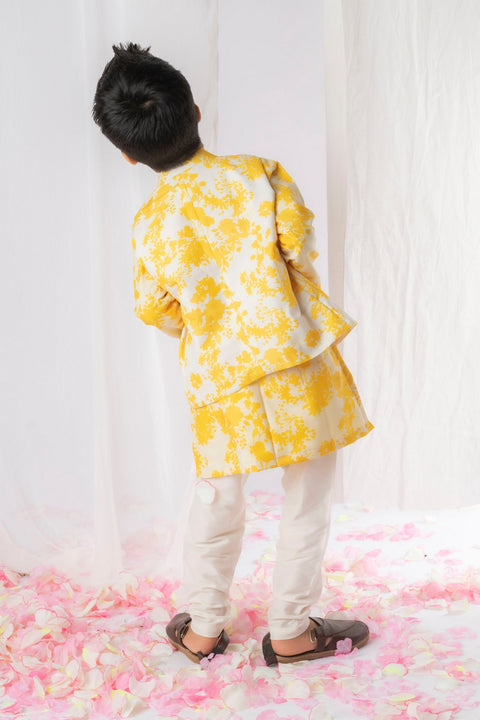 Pre-Order: Yellow White Floral Kurta Nehru Jacket Set