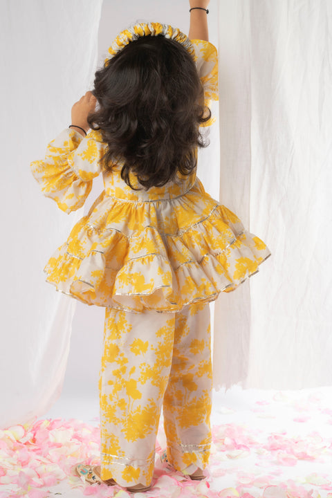 Pre-Order: Yellow White Floral Printed Peplum Pant Set