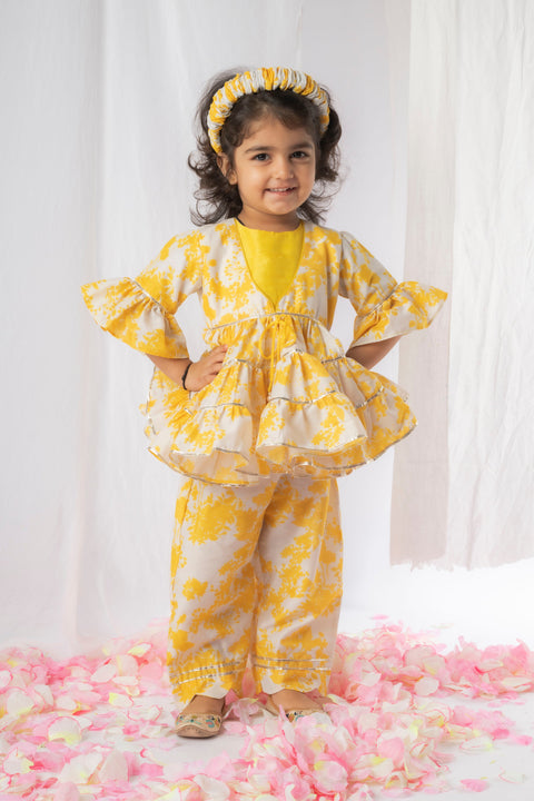 Pre-Order: Yellow White Floral Printed Peplum Pant Set