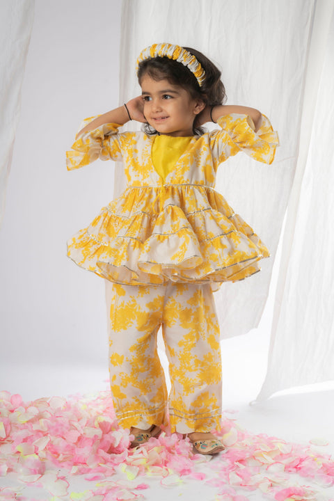 Pre-Order: Yellow White Floral Printed Peplum Pant Set