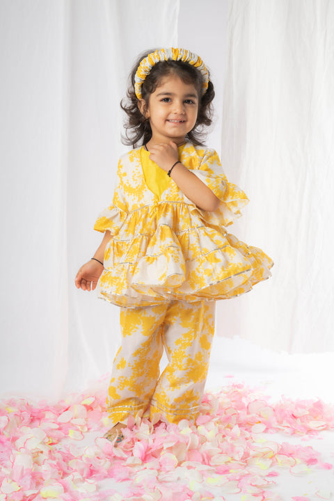 Pre-Order: Yellow White Floral Printed Peplum Pant Set
