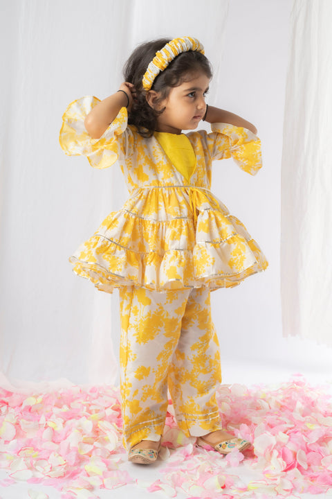 Pre-Order: Yellow White Floral Printed Peplum Pant Set