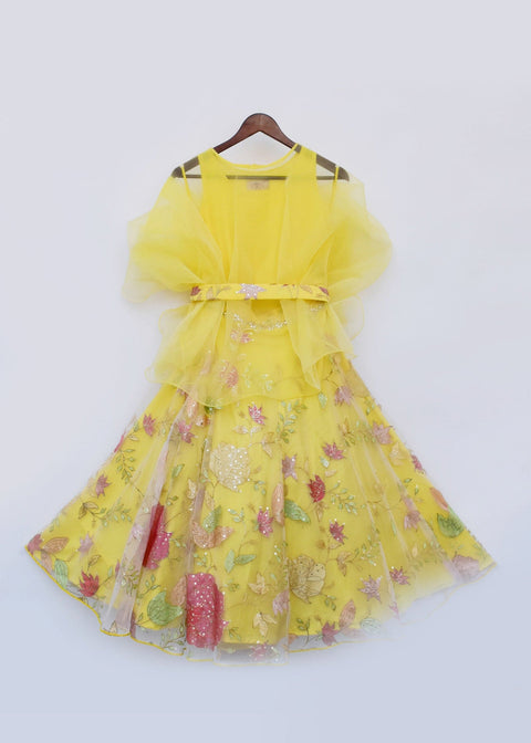 Pre-Order: Yellow Embroidery Lehenga with Organza Cape