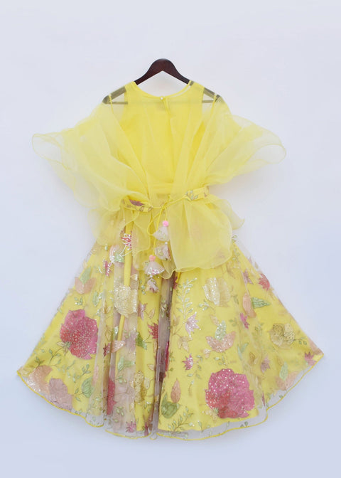 Pre-Order: Yellow Embroidery Lehenga with Organza Cape
