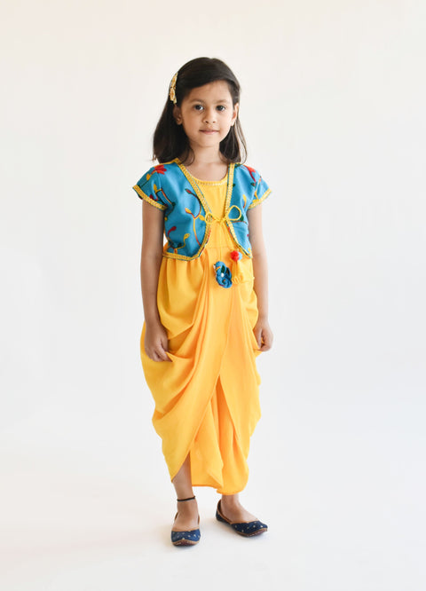 Pre Order: Yellow Georgette Dhoti Jumpsuit with Blue Embroidery Jacket