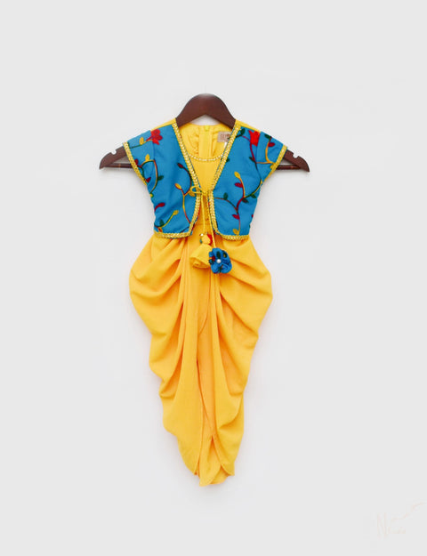 Pre Order: Yellow Georgette Dhoti Jumpsuit with Blue Embroidery Jacket