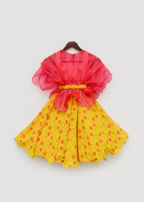 Pre-Order: Yellow Georgette Lehenga with Pink Top and Organza Cape